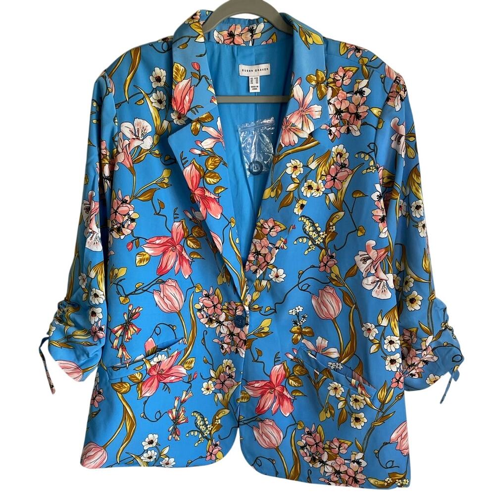 Susan Graver NWOT Floral Jacket Blazer Sz 22W Pockets Ruched Sleeve Cottagecore